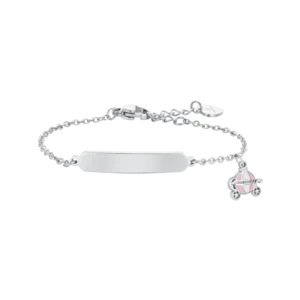 Bracciale Bambina in acciaio con carrozza con smalto rosa e bianco, cristalli bianchi e piastra centrale Luca Barra Cilento shop online
