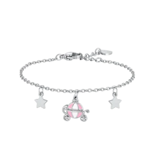 Bracciale Bambina in acciaio con carrozza con smalto rosa e bianco, cristalli bianchi e stelle Luca Barra Cilento shop online