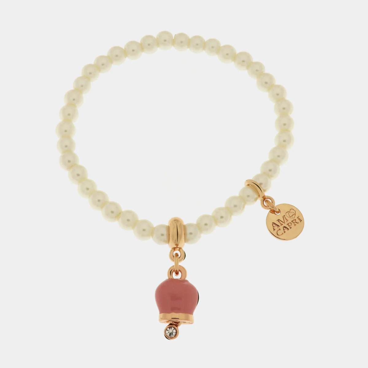 Bracciale Capri in Metallo Bracciale in Metallo con perle e campanella portafortuna in smalto rosa Cilento shop online