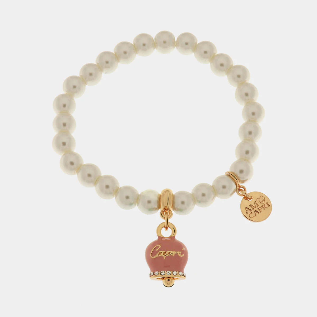 Bracciale Capri in Metallo Bracciale in Metallo con perle e campanella portafortuna in smalto rosa con scritta Capri Cilento shop online