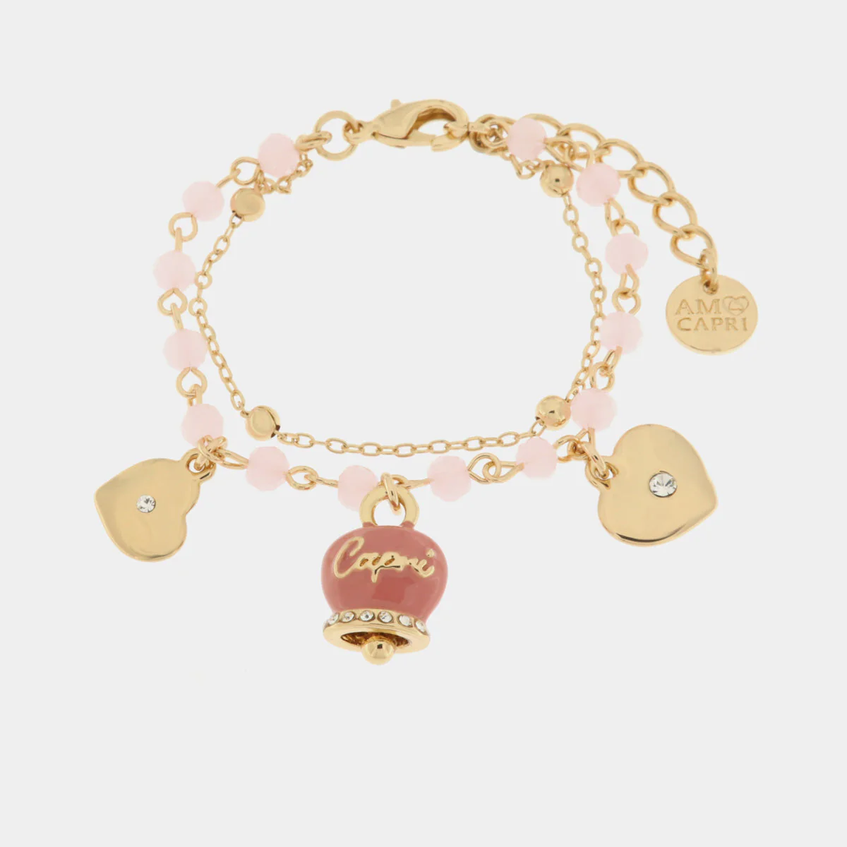 Bracciale Capri in Metallo con campana smaltata rosa e cuoricini pendenti Cilento shop online