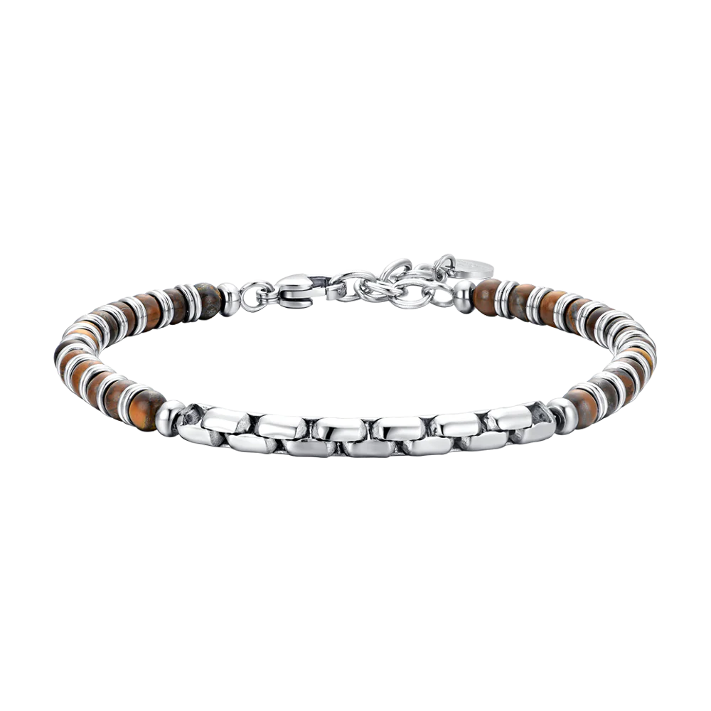 Bracciale Uomo in acciaio con pietre occhio di tigre ed elementi in acciaio Luca Barra Cilento shop online