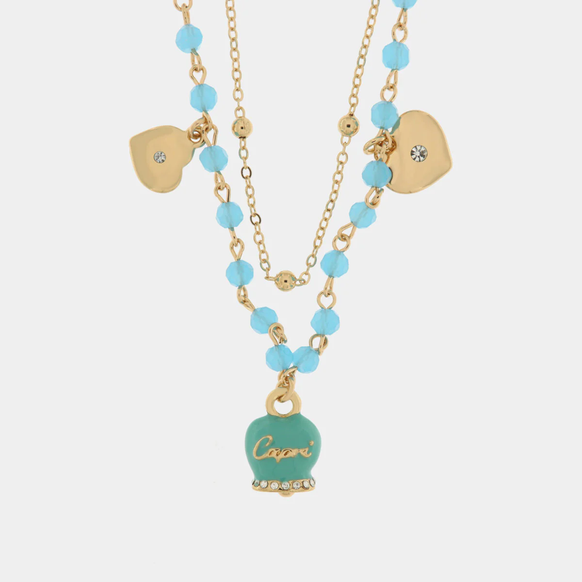 Collana Capri in Metallo con campana smaltata turchese e cuoricini pendenti Cilento shop online