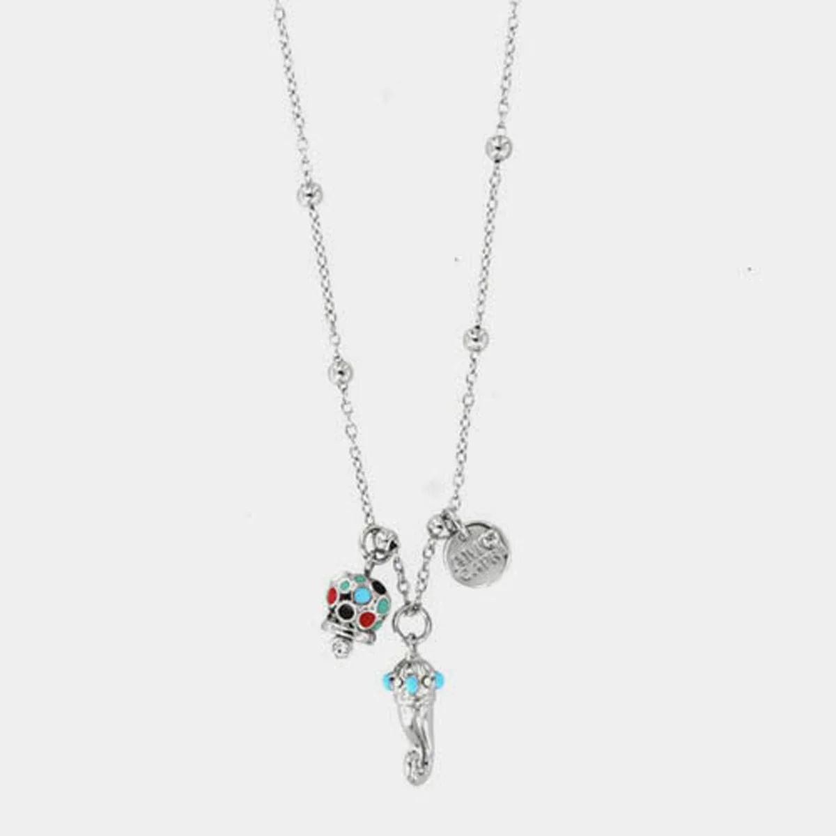 Collana Capri in Metallo con corno pendente impreziosito da punte di smalto turchese e campanella in smalti multicolore Cilento shop online