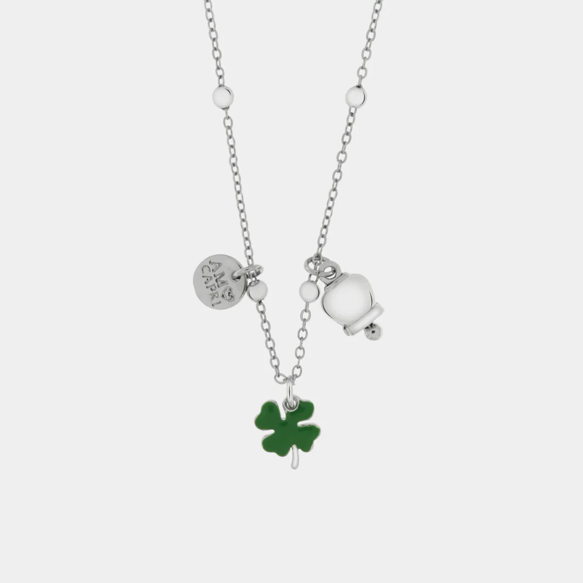 Collana Capri in Metallo con quadrifoglio pendente in smalto verde e campana bianca pendente Cilento shop online