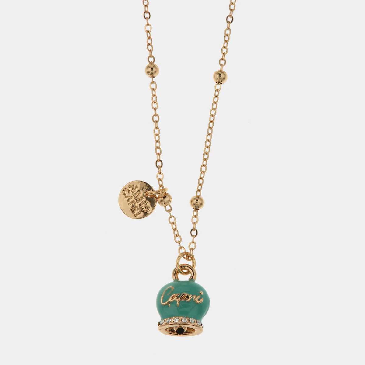Collana in Metallo con campanella portafortuna verde marino e scritta Capri Cilento shop online